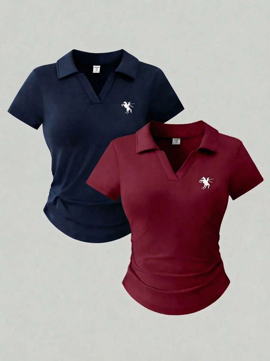 2pcs/Set Elegant & Casual All-Match Solid Color Long Sleeve Fitted T-Shirts, Versatile Combo For Teenage Girls - Multicolor - View 1