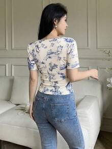 Celisse Women's Elegant Botanical Print Crew Neck Fitted T-Shirt, Spring/Summer - Blue - View 2