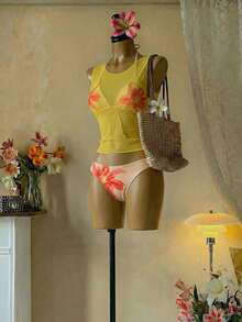 SHEIN MOD 女士挂脖系带印花比基尼泳衣套装，夏季 - 彩色 - 查看 4