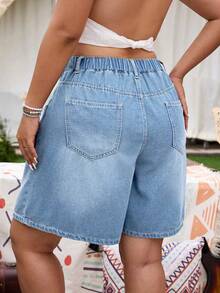 EMERY ROSE Plus Size Women's Non-Stretch Denim Bermuda Shorts, Summer Casual Loose Thin Vintage Washed Wide Leg Cropped Jeans - Light Wash - View 2