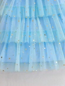 SHEIN Elladie kids Young Girl' Ruffled Gradient Sequin Mesh Cake Dress, Suitable For Party & Holiday, Summer Kids Dresses Little Girls Dresses Toddler Dresses Young Girl Dresses - Blue - View 6