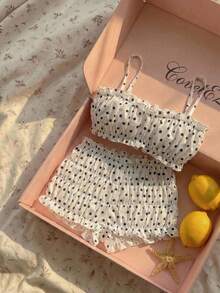 CovetEZ Women's Polka Dot Frill Trim Camisole And Shorts 2 Pieces Set Women Vacation Outfit Sets Woman Two Piece Outfit Women Two Piece Outfit Women Summer Outfits 2 Piece Women S Summer Co Ord - Black and White - View 7
