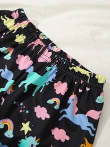 女童黑色夏季仙女家庭套裝 卡通獨角獸、雲朵、彩虹印花翻領開襟短袖上衣與短褲睡衣套裝，2件組 - 黑色 - 查看 5