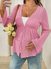 SHEIN Maternity Solid Color Long Sleeve Tie-Waist Knit Cardigan - Pink - View 4