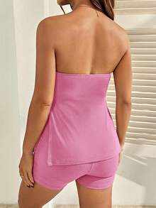 SHEIN 2pcs Maternity Set: Solid Color Bandeau Top With Side Slit And Adjustable Waist Shorts World Cup - Pink - View 2