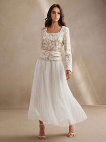 Anewsta Square Neck Long Sleeve Fitted Lace Hollow-Out Mesh Waist Tie 2 In 1 Elegant Pleated Skirt, Suitable For Valentine's Day, Vacation, New Year White - Apricot - View 1