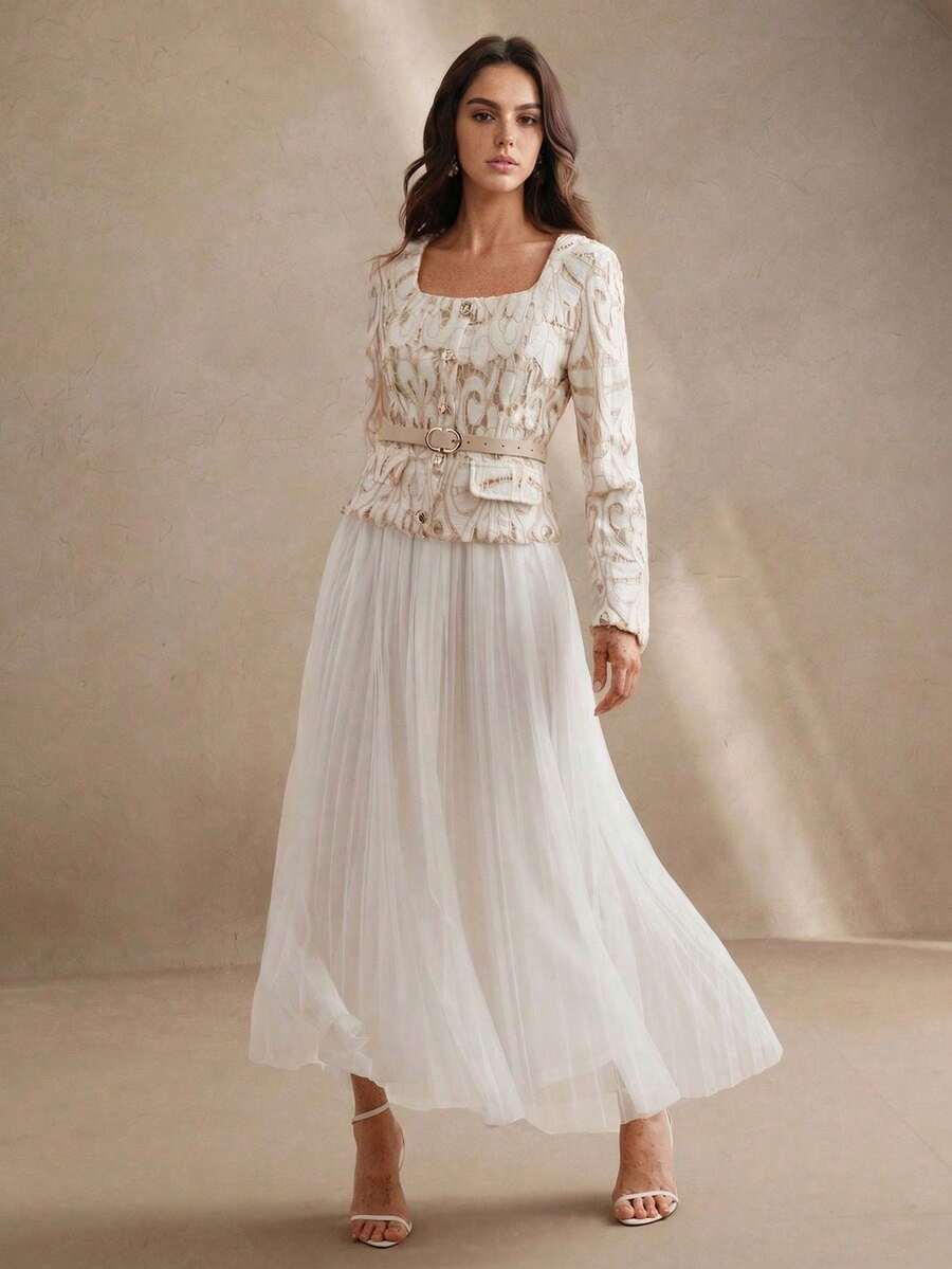 Anewsta Square Neck Long Sleeve Fitted Lace Hollow-Out Mesh Waist Tie 2 In 1 Elegant Pleated Skirt, Suitable For Valentine's Day, Vacation, New Year White - Apricot - View 1