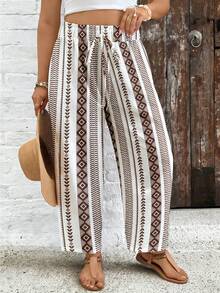 SHEIN VCAY Plus Size Women Vacation Geometric Print Drawstring Waist Pants - Multicolor - View 3