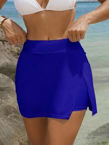 Swim Lushoire Bộ đồ đi biển màu trơn dành cho nữ với thiết kế váy xếp ly xẻ tà thanh lịch và quần short đi biển. - Xanh đậm - Xem 1