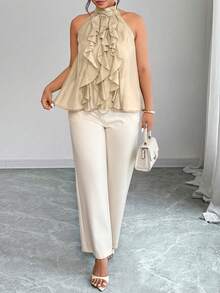 Elenzga Plus Size Women's Elegant Round Neck Ruffle Hem Blouse, Spring/Summer - Khaki - View 3