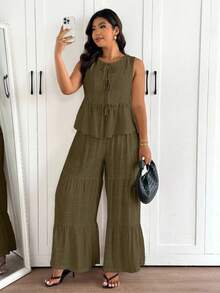 SHEIN Frenchy Plus Size Summer Casual Versatile Multi-Layer Ruffle Patchwork 2 Pieces Set, Women Top + Pants, Suitable For Daily Wear And Beach Vacation - Coffee Brown - View 5