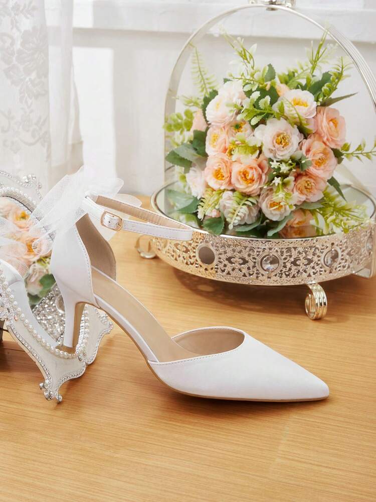 CUCCOO HITCHD White Mesh Bow Pointed Toe High Heel Party Shoes For Women Summer Shoes Wedding Shoes Bride Shoes