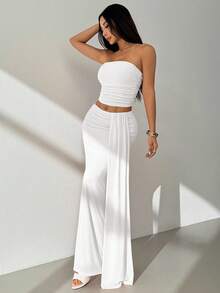 SHEIN PETITE 女士纯色褶皱抹胸上衣和迷你裙时尚约会套装 - 白色 - 查看 6