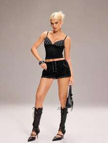 Y2Kool BiGraphic Áo camisole nữ kiểu punk tối màu, đính đinh tán, phối nhiều mảnh, phong cách Y2K. - màu đen - Xem 7