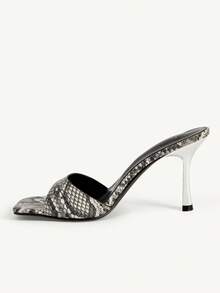 CUCCOO CHICEST Giày sandal cao gót nữ, họa tiết da rắn màu xám trắng, mũi vuông, kiểu dáng mule trap, sandal thời trang, dép cao gót phong cách retro cá tính cho các buổi hẹn hò và tiệc tùng. - Xám - Xem 5