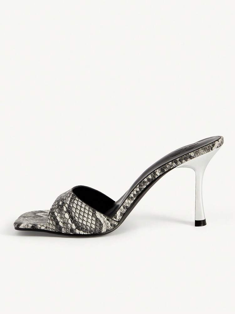 CUCCOO CHICEST Women's High-Heeled Sandals, Gray-White Snake-Pattern Square Toe Stiletto Mule Traps, Fashion Sandals, Retro Wild Date Party High-Heeled Slippers