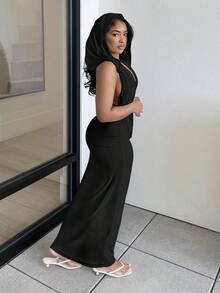 Alexandranx 黑色低胸性感垂坠领网眼针织无袖连衣裙 - 黑色 - 查看 6