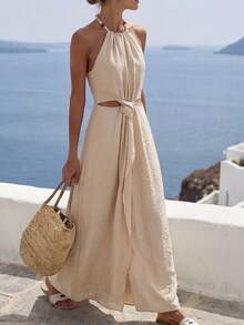 SHEIN LUNE Women's Apricot Summer Casual Beach Holiday Vacation Dress,Beaded Necklace Decor Sleeveless Gathered Waist Hollow Back Slit Midi Bohemian Formal Wear - Apricot - View 3