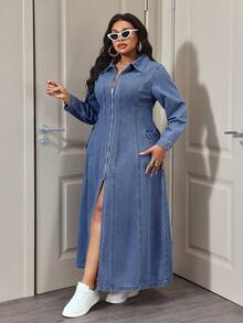 Slaydiva Plus Size Women Casual Zip Front Split Denim Dress For Party - Medium Wash - View 4