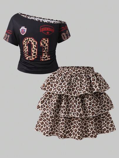 SHEIN Set de 2 piezas de blusa de hombros descubiertos con estampado de leopardo y letra, y falda con volantes en capas, elegante y sexy, adecuado para fiesta, salida y uso diario, para niñas preadolescentes