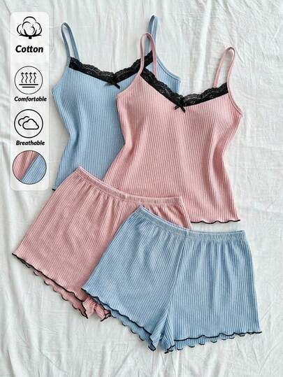 SHEIN Women Cotton Rib Knit Multicolour With Contrast Colour Lace Neck Detail Sleep Top&Short Homewear Comfort Casual 2 Packs Lounge Set