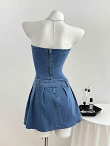 Elamini Đầm denim nữ kiểu corset cài eo, xếp ly ở gấu váy. - Rửa nhẹ - Xem 2