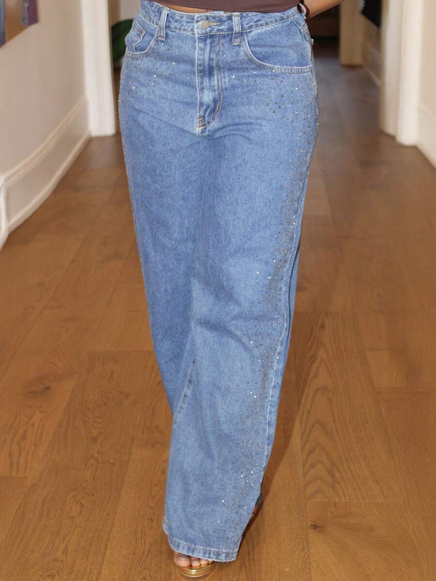 Steph T 女士新款优雅水钻装饰蓝色直筒牛仔裤，适合情人节和妇女节穿着。 - 藍色 - 查看 1