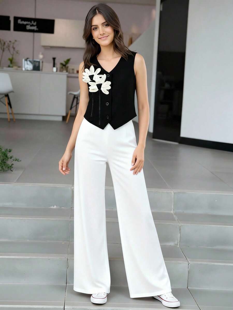 SHEIN Elladie kids 两件套复古美式豹纹女童基础款短袖上衣和裤子套装,无袖背心,女士纽扣背心,女士夏季服装,白色阔腿裤,碎花上衣套装,女士夏季两件套,女士春季服装,女士夏季套装,女士夏季服装,女士春季阔腿正装裤 - 黑與白 - 查看 1