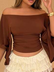 Maria Perezxox Áo thun nữ hở vai tay loe màu trơn, eo thắt eo phong cách cổ điển gợi cảm - màu nâu - Xem 6