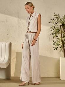 Bóhologie Women Striped Linen Fabric Detailed Blazer And Pant Suit Sets - Beige - View 3