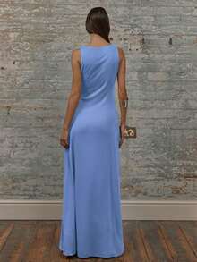 MUSERA Vestido maxi con cuello redondo y mangas caídas, vestidos de verano para mujeres, elegantes, lindos, sexys, para vacaciones, estilo bohemio, para invitadas de boda, playa, vacaciones, otoño, boda, elegante, cumpleaños, iglesia, salida nocturna, otoño, verano - Celeste - Ver 3