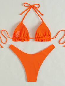 Vaytide Summer Beach Neon Orange Ribbed Bikini Set Frill Trim Halter Triangle Bra Top & High Cut Bikini Bottom 2 Pieces Bikini, Bathing Suit - Orange - View 4