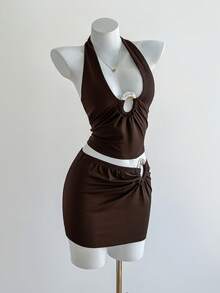 SHEIN Jeanoir Women's Metal Connected Halter Top And Mini Skirt 2 Pieces Set - Grey - View 5