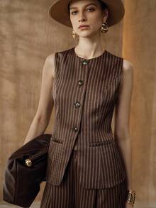 Arave Women's Sleeveless Striped Round Neck Fitted Vest With Faux Pockets And Waist Design, Suitable For Daily Commute - Camel - View 2