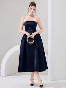 Poshira Women's Rhinestone Decorated Glamorous Strapless Formal Gown (Heavy Embellishment) - Navy Blue - View 5