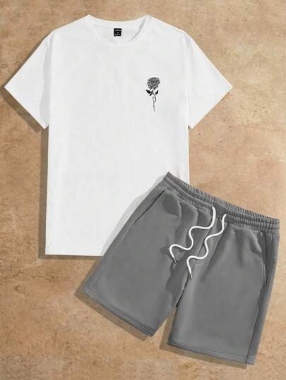 HIMLAND 2pcs Men's Summer Knit Casual Rose Floral Print Short Sleeve T-Shirt And Shorts Set Men's Grey And White Set Men 2 Pieces Set Men's Casual T Shirt And Shorts Set Men Summer Set Men's Short Sleeve Graphic T-Shirt And Shorts Set Mens Two Piece Short Sets Men 2 Piece Outfits Summer Men Clothes Two Piece Men Outfit Sets Men Clothes Short Set Mens Clothes Short Set Man 2 Piece Outfit Boy Summer Sets