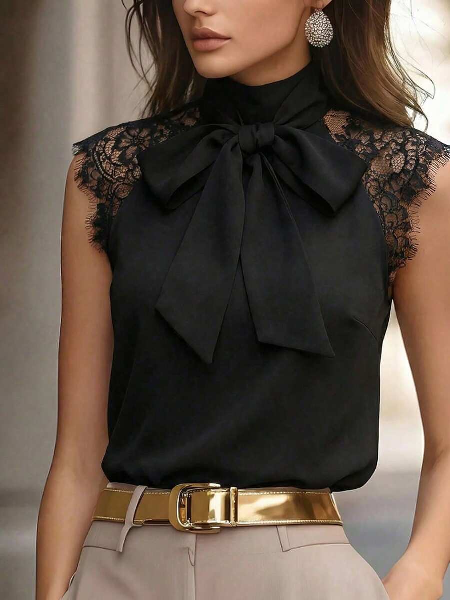Editum Women's Elegant Contrast Lace Twist Collar Camisole Women Elegant Outfits Blouse For Women Elegant Classy Women's Tops And Blouses Work Blouses Blouse For Women Formal Attire Bow Tops For Women Women's Tops And Blouses - Black - View 1
