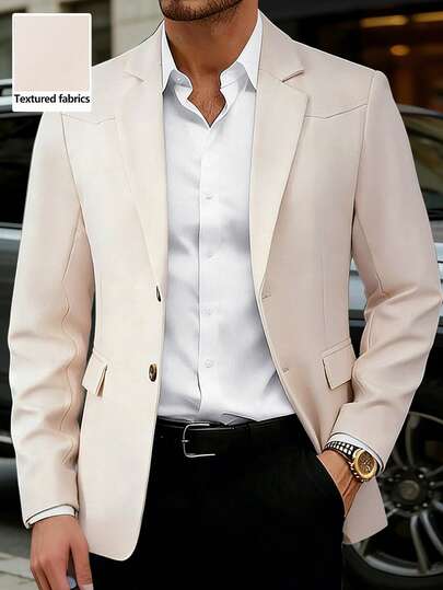 Manfinity Mode Áo khoác vest công sở nam màu trơn cổ bẻ, cài một hàng khuy, kiểu dáng thường ngày.