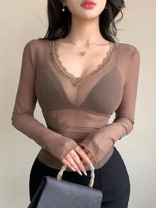 DAZY 女士蕾丝衬衫，棕色，性感，适合音乐节、情人节、婚礼、派对、正式场合、时尚、修身、优雅、通勤，透视网纱V领长袖上衣，适合春夏穿着 - 駝色 - 查看 10