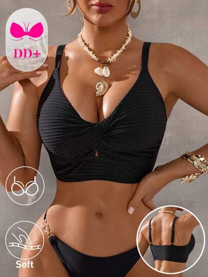 Swim DD+ 2026春夏女士沙滩装，女士泳衣上装，单件装，优雅浪漫性感打结装饰，适合海滩度假，波西米亚风精准条纹纹理面料，DD+丰满专属，聚拢支撑钢圈，聚拢模杯，舒适宽肩带，比基尼上装，黑色，性感奢华，优雅知性，浪漫假期，2026春夏女装新品，新年，情人节，返校季，旅行季，适合度假、海滩、下午茶野餐、派对、日常穿着、居家休闲、户外运动，时尚单品