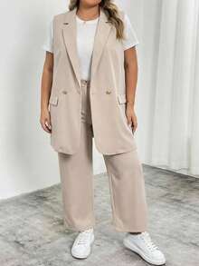 SHEIN CURVE+ Plus Size Lapel Collar Double Button Vest Blazer Workwear Graduation,Back To School,Teacher Outfits For Women In Fall/Winter - Apricot - View 4