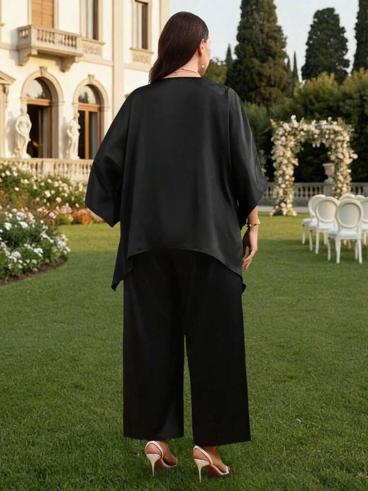 Plus Size Women V-Neck Lace Blouse And Wide Leg Pants Casual 2 Pieces Set