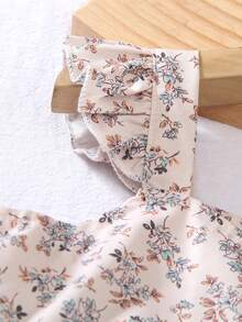 Elladie kids 两件套少女复古碎花纹理纽扣无袖荷叶边上衣和休闲裤套装，适合日常穿着、春夏外出、派对、返校季等场合。 - 棕色 - 查看 4