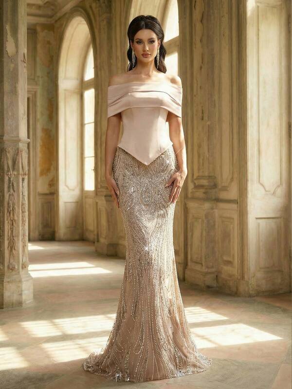 Aureia Elegant, Glamorous, Charming,And Stylish Apricot-Colored Sequined Embroidered Stretch Satin Dress With An Off-The-Shoulder Design, Pleats, And A 2 In 1 Style. Mermaid Silhouette With A Train. Suitable For All Formal Occasions, Wedding Guests, Wedding Holidays, Wedding Parties, Photo Shoots, And Elaborate Evening Gowns.