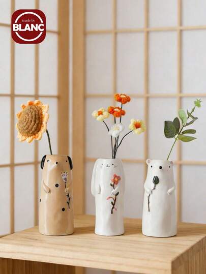 Madebyblanc 1个动物造型陶瓷花瓶，熊/狗/兔子造型，家居装饰花瓶，非常适合婚礼餐桌、派对装饰、客厅、办公室、卧室、美容室装饰。