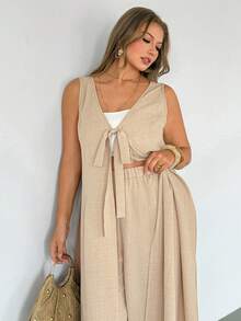 Auralis 新款无袖V领蝴蝶结前开衩卡其色大码长款衬衫搭配松紧腰阔腿休闲裤/优雅休闲度假波西米亚风飘逸套装/优雅通勤两件套/大码两件套 - 卡其色 - 查看 8