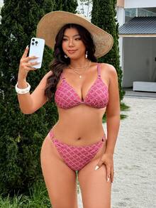 Swim Vcay Conjunto de bikini de 2 piezas de talla grande para mujer, de moda de verano 2026, con escote en V profundo, tirantes ajustables y estampado, sexy y casual para vacaciones - Rojo - Ver 6