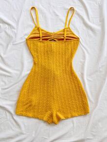 Soleia Bộ jumpsuit nữ màu trơn, đính kim loại, khoét rỗng, thích hợp cho tiệc tùng hoặc mặc ở nhà. - Màu vàng - Xem 2