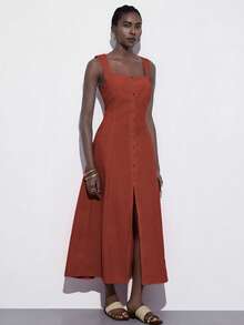 Aveloria Modichic Rust Brown,Summer,Effortless Chic,Brunch Square Neck Sleeveless Wide Strap Front Button Long Pink Dress,Linen-Like Flowing Skirt For Wedding - Brown - View 7