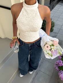 Muchica Women's Apricot Knit Halter Neck Top - Apricot - View 3